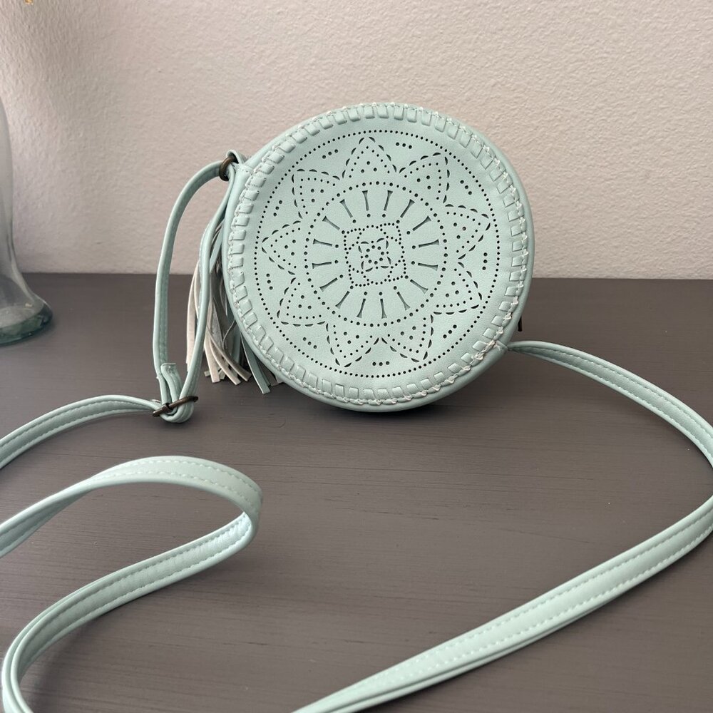 ART CLASS Teal Circular Crossbody Purse Bag with Tassel- New photos